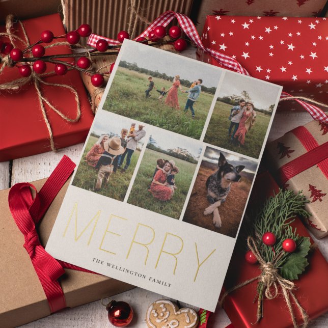 Merry Minimalist 5 Photo Foil Holiday Card (Creator Uploaded)