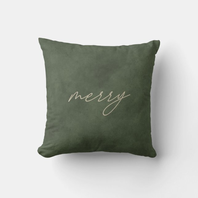 Merry • Minimalist Dusty Green Velvet Christmas  Throw Pillow (Front)