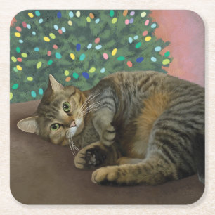 Merry Mischief - Christmas Kitty Square Paper Coaster