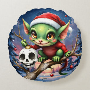 Merry Mischief – The Little Christmas Elf. Round Pillow