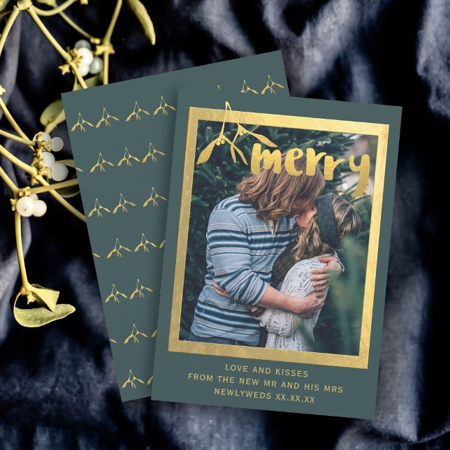 Merry Mistletoe Photo Green Faux Gold Holiday Card (Add your photo to this green and gold Merry Mistletoe holiday photo card)