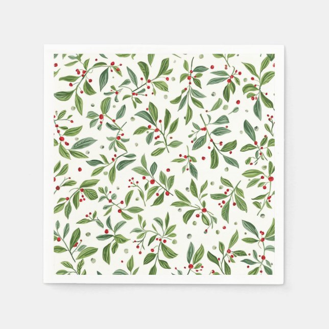 Merry Mistletoe Red Berry White Watercolor Napkins (Front)