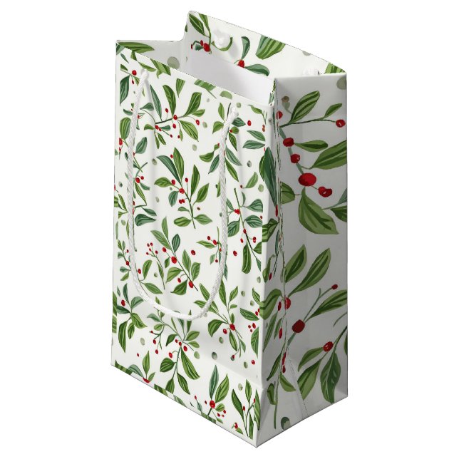Merry Mistletoe Red Berry White Watercolor Small Gift Bag (Front Angled)