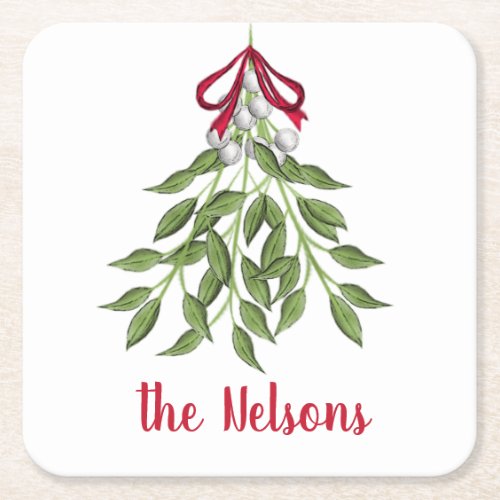 Merry Mistletoe White Berries Square Square Paper Coaster