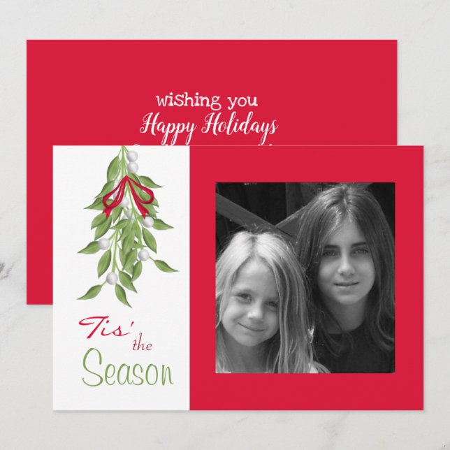 Merry Mistletoe with Red Bow Holiday Photo Card (Front/Back)