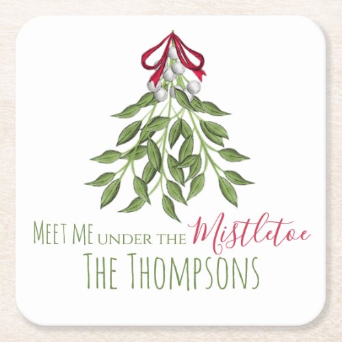 Merry Mistletoe with White Berries Square Paper Coaster