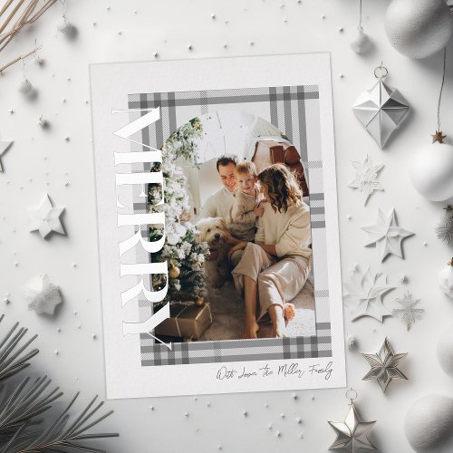 Merry Modern and Gray Plaid Family Photo Foil Holiday Card