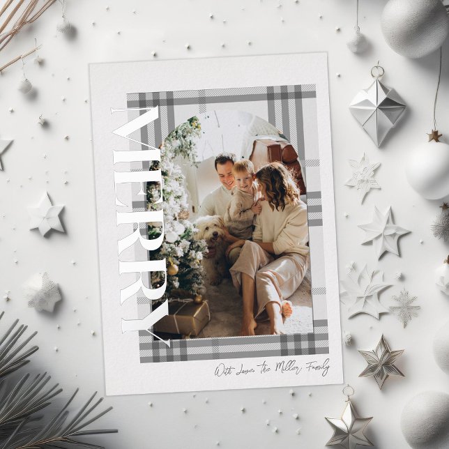 Merry Modern and Gray Plaid Family Photo Foil Holiday Card (Creator Uploaded)
