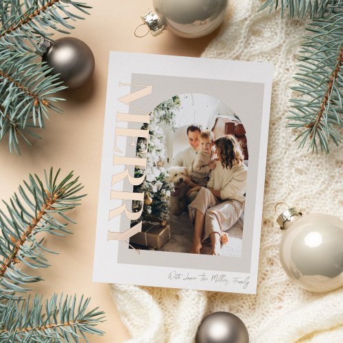 Merry Modern and Neutral Family Photo  Foil Holiday Card