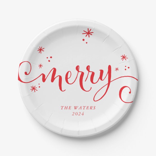 MERRY MODERN festive fun calligraphy sparkles red Paper Plates (Front)