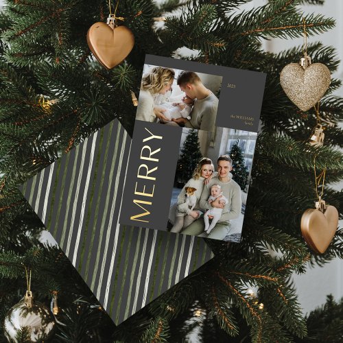 Merry Modern Gold 2 Photo Collage Gray Christmas  Foil Holiday Card