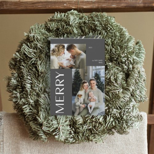 Merry Modern Gray 2 Photo Christmas Holiday folded Card