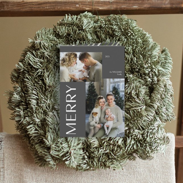 Merry Modern Gray 2 Photo Christmas Holiday folded Card (Spread Cheer! Customize Your 'MERRY' Photo Holiday Card 📷🎄 [Upload Here])