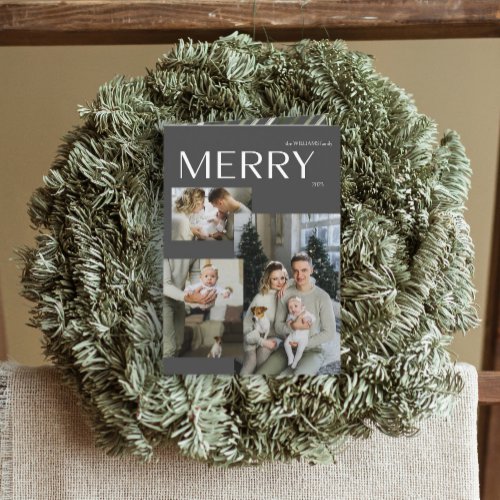 Merry Modern Gray 3 Photo Christmas Holiday folded Card