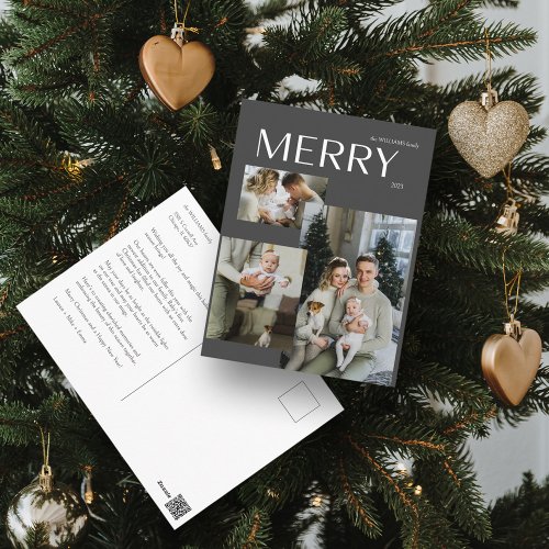 Merry Modern Gray 3 Photo Christmas  Holiday Postcard