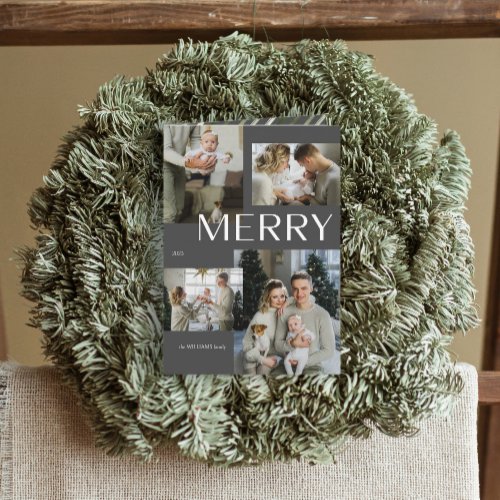 Merry Modern Gray 4 Photo Christmas Holiday folded Card