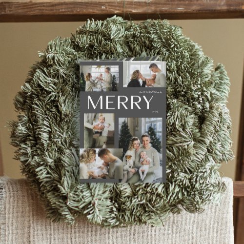Merry Modern Gray 5 Photo Christmas Holiday folded Card