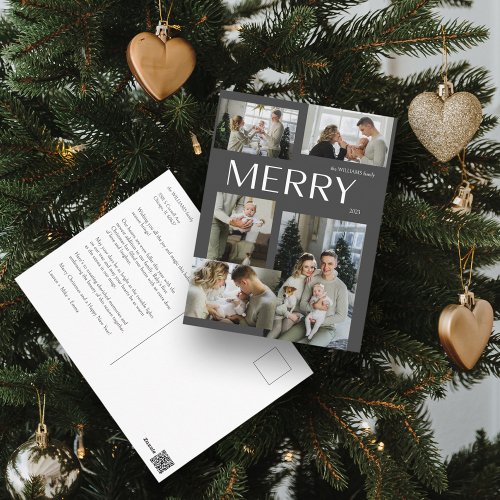 Merry Modern Gray 5 Photo Christmas Holiday Postcard