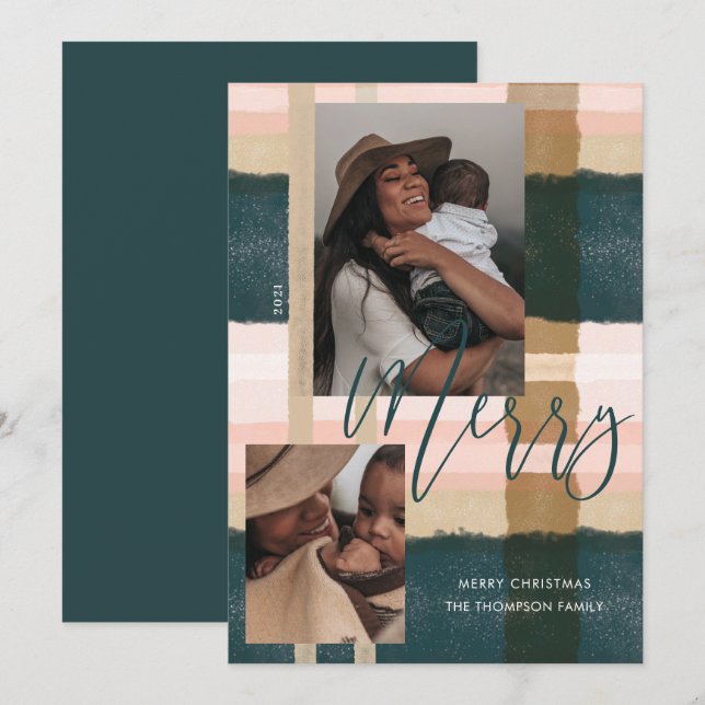 Merry Modern Green & Pink Plaid Plaid Two Photo Holiday Card (Front/Back)