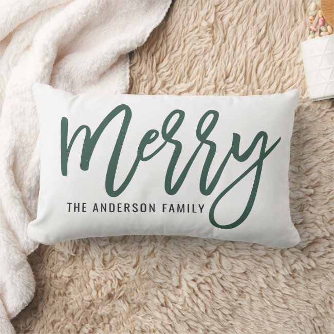 Merry Modern Hunter Green Script Holiday Christmas Lumbar Pillow