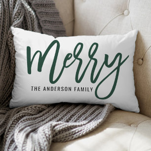 Merry Modern Hunter Green Script Holiday Christmas Lumbar Pillow