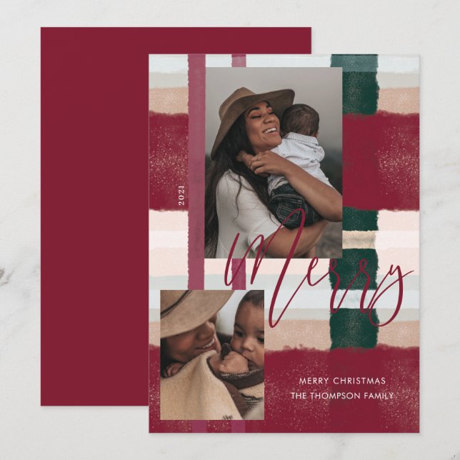 Merry Modern Maroon & Green Plaid Plaid Two Photo Holiday Card (Front/Back)