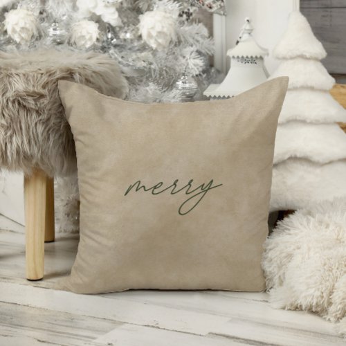 Merry  Modern Minimalist Taupe Velvet Christmas Throw Pillow