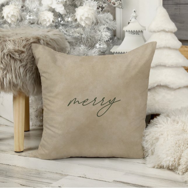 Merry • Modern Minimalist Taupe Velvet Christmas Throw Pillow (Creator Uploaded)