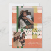 Merry Modern Peach & Green Plaid Plaid Two Photo Holiday Card (Front)
