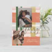 Merry Modern Peach & Green Plaid Plaid Two Photo Holiday Card (Standing Front)