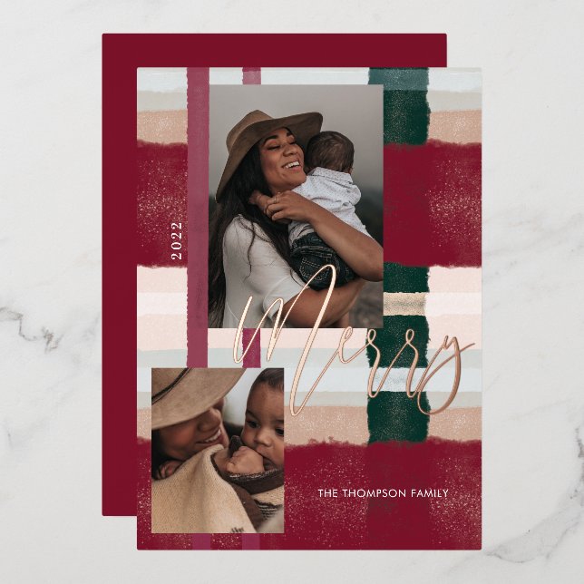 Merry Modern Red & Green Plaid Plaid Two Photo Foil Holiday Card (Front/Back)