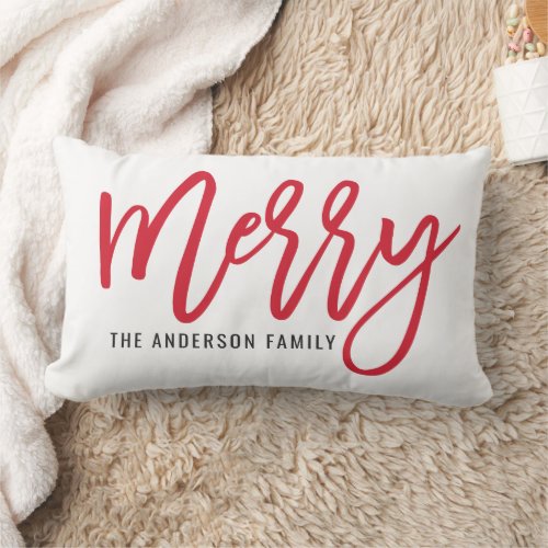 Merry Modern Red Script Holiday Christmas Lumbar Pillow