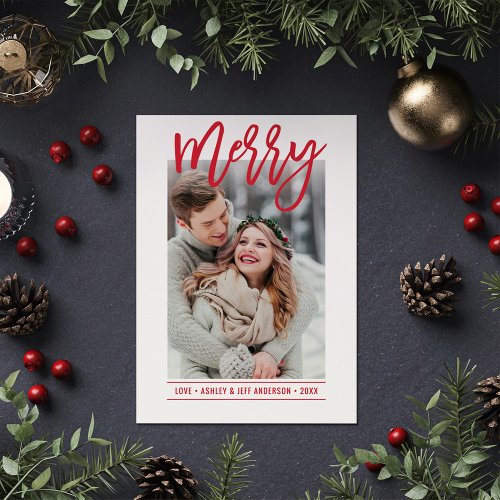 Merry Modern Red Script Newlywed Photo Holiday Card