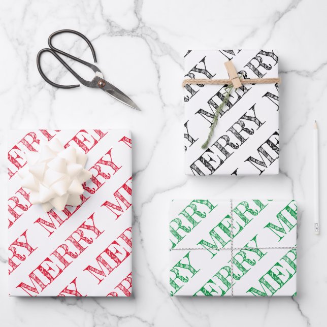MERRY Modern Text Christmas Holiday Fun Wrapping Paper Sheets (Front)