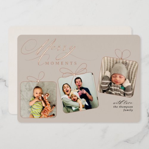 Merry Moments Beige Photo Collage Rose Gold Foil Holiday Card