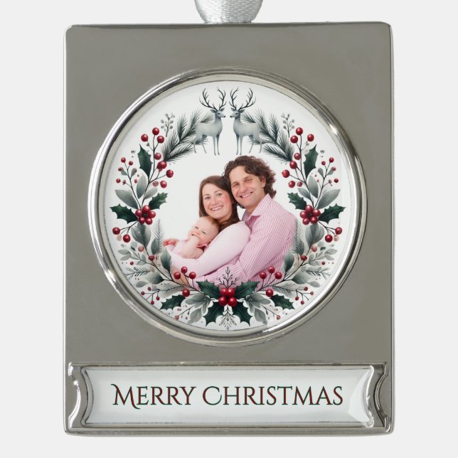 Merry Moments – Customizable Christmas Keepsake Silver Plated Banner Ornament (Front)