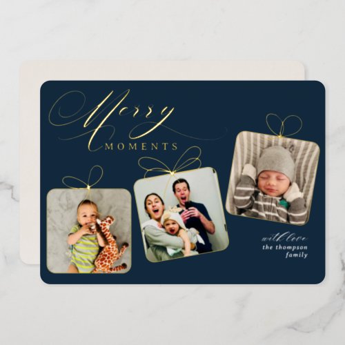 Merry Moments Dark Blue Photo Collage Gold Foil Holiday Card