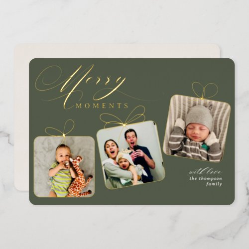 Merry Moments Dark Green Photo Collage Gold Foil Holiday Card