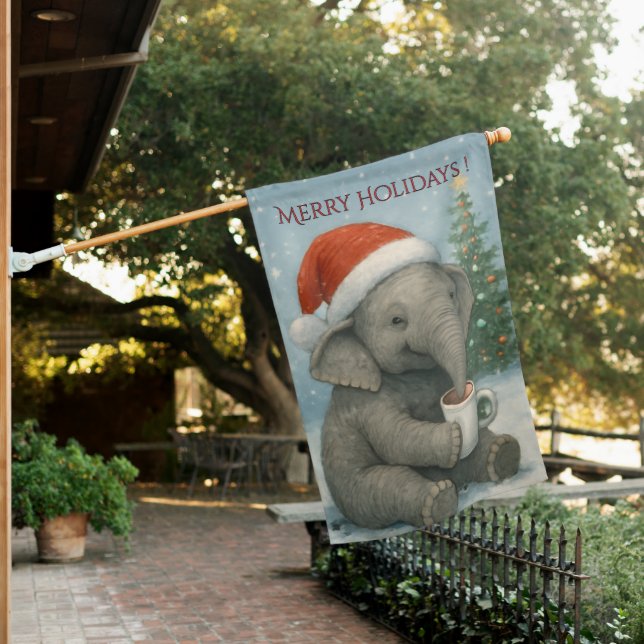 Merry Moments with a Cocoa-Loving Elephant Holiday House Flag (In SItu)
