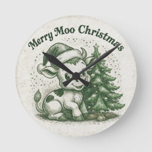 Merry Moo Christmas Round Clock