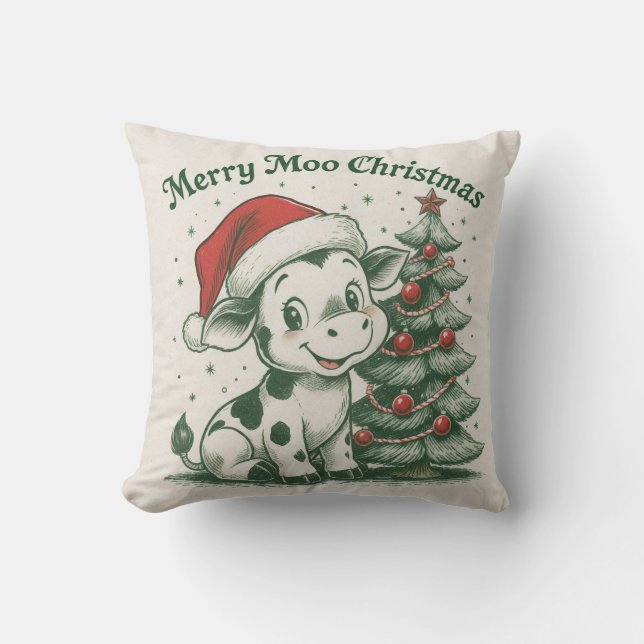Merry Moo Christmas Throw Pillow (Front)