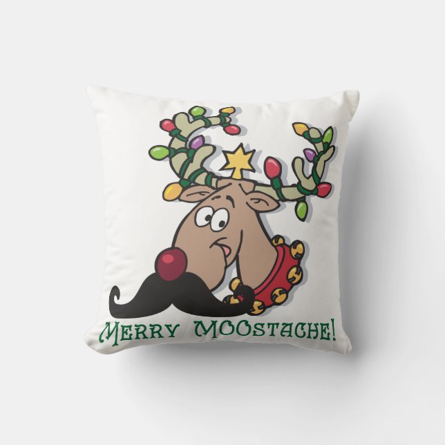 Merry Moose Mustache Throw Pillow (Front)