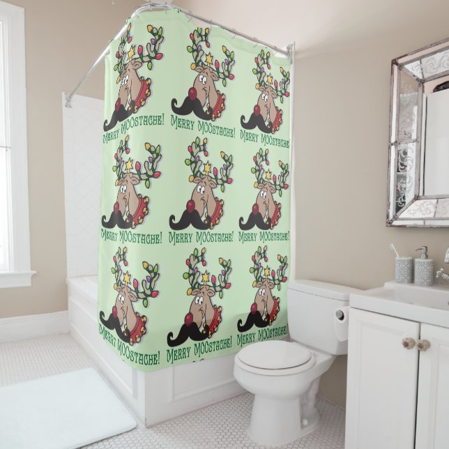 Merry Moostache Christmas Moose Shower Curtain (In Situ)