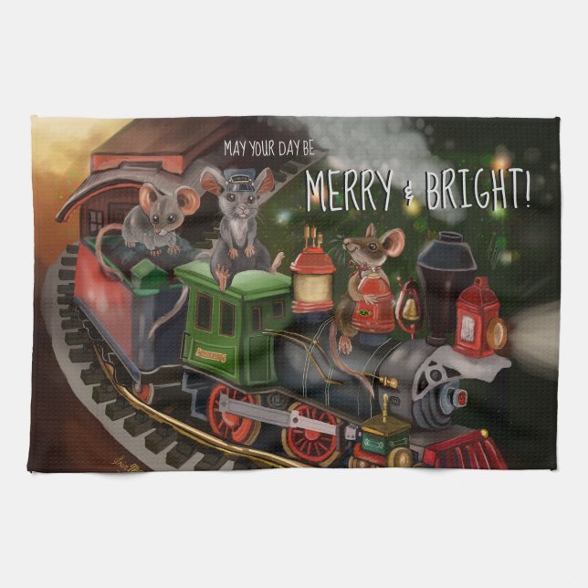 Merry Mouse Holiday Train   Kitchen Towel (Horizontal)
