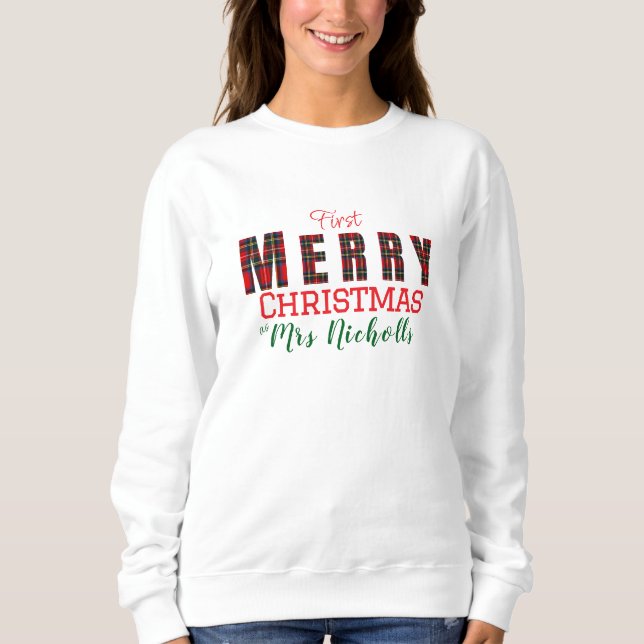 MERRY Mrs. Royal Stewart Red 1st Christmas Plaid Sweatshirt (Front)
