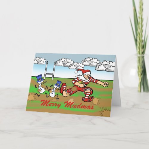 Merry Mudmas Santa and Snowmen Rugby in the Mud Holiday Card