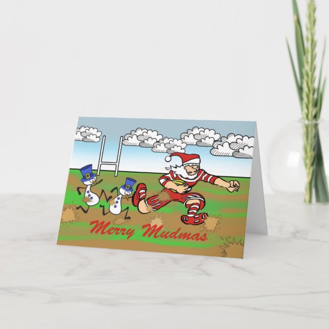 Merry Mudmas, Santa and Snowmen Rugby in the Mud Holiday Card (Front)