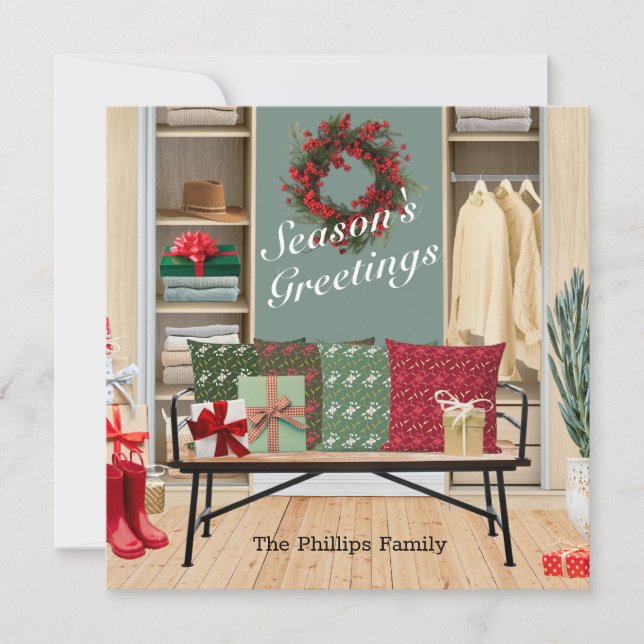 Merry Mudroom Scene Holiday Card (Front)