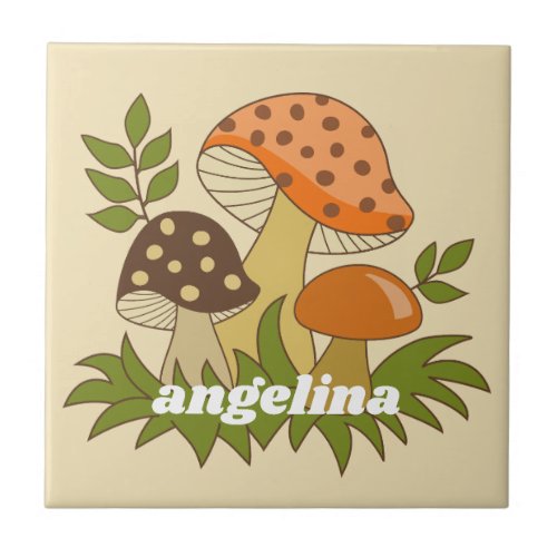 Merry Mushroom with Custom Name Ceramic Tile