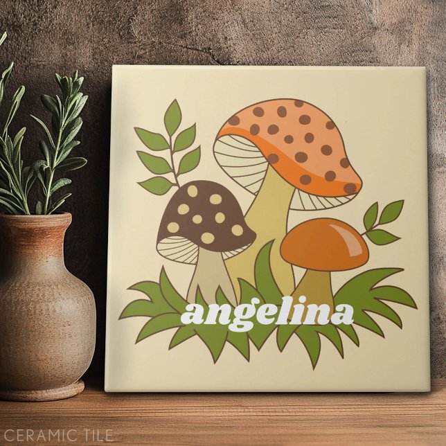 Merry Mushroom with Custom Name Ceramic Tile (Custom Tile)